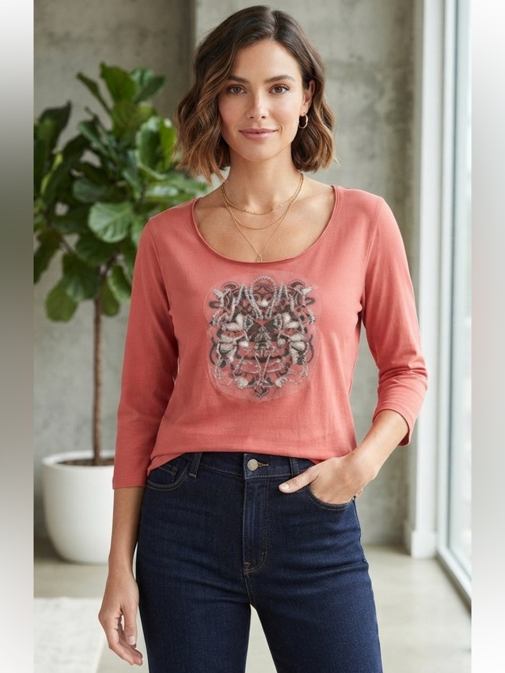Weatherproof Coral Scoop Neck Embellished Long Sleeve Top